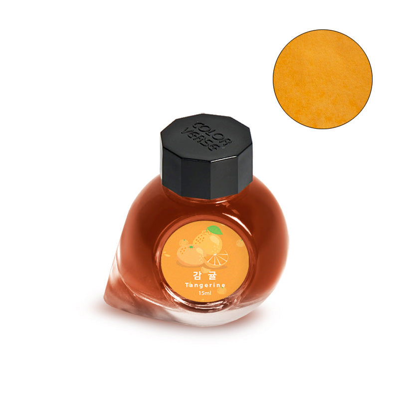 Colorverse Project Ink No.052 Tangerines - 15ml, a plant-based fountain pen ink in a small glass bottle, showcasing a bright tangerine hue.