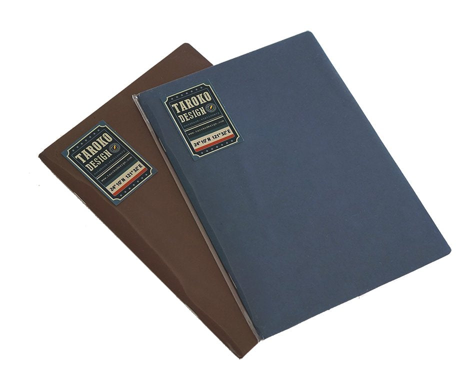 Tomoe River Insert - A5 Dot Grid notebooks, one brown, one dark blue, each labeled Taroko Design, showcasing hard covers and compact design for easy portability.