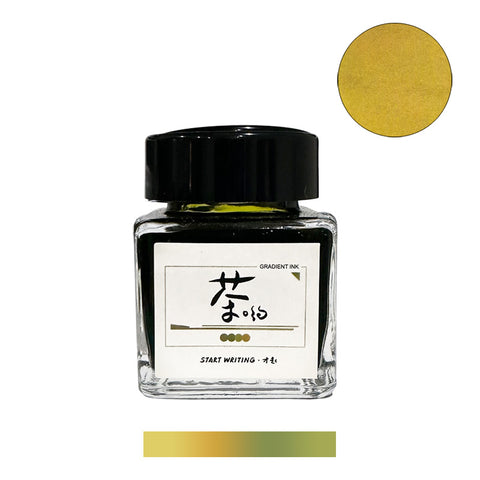 Tea! - 25ml fountain pen ink by Collection Traced in a square glass bottle, showcasing gradient mustard-yellow to olive-green shade swatch.