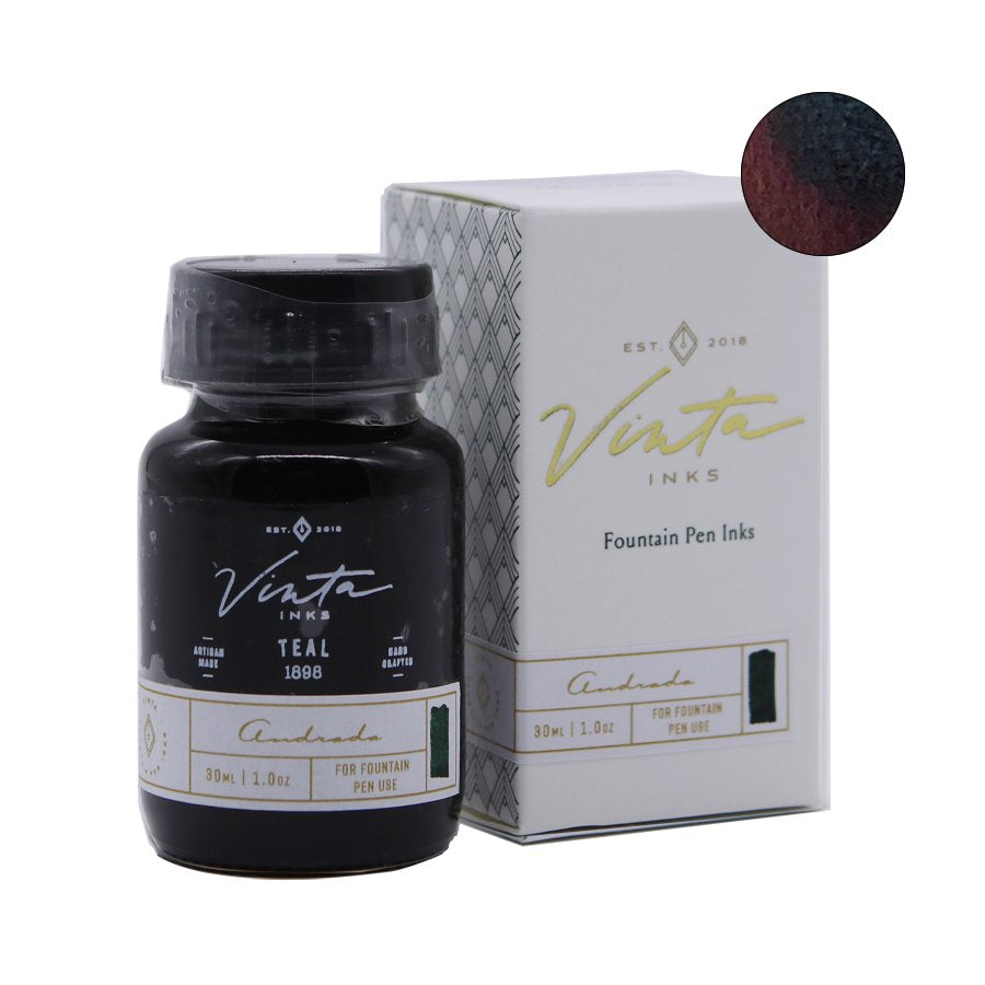 Vinta Inks Teal (Andrada 1898) - 2ml bottle with white-and-gold box and ink swatch, showcasing its rich teal shade with red sheen.