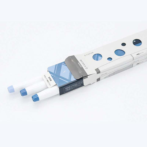 Sailor Ink Studio Dual Tip Brush Pen Set with blue-ink refills, featuring flexible brush and bullet tips, displayed in white and blue packaging.