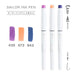Sailor Ink Studio Dual Tip Brush Pen Set - Tone of the Evening Calm, featuring three white-bodied markers with brush and fine tips, in purple, peachy orange, and deep blue.