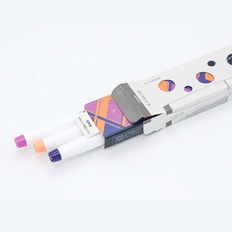 Sailor Ink Studio Dual Tip Brush Pen Set - Tone of the Evening Calm, featuring three dual-tipped pens in a geometric-patterned box, ideal for blending and watercolor effects.