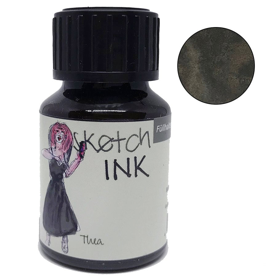 SketchINK - Thea (50ml) bottle with black screw-top, white label featuring a dancer sketch, and an inset of the ink's brown-greenish hue.