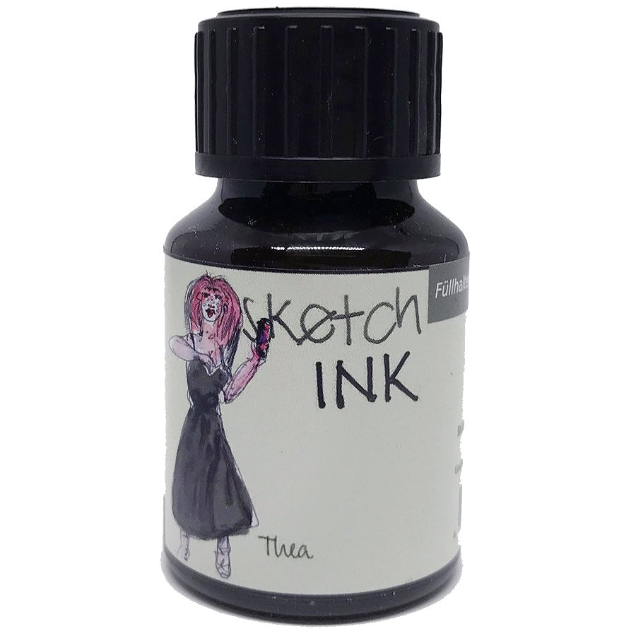 Small dark glass bottle labeled SketchINK - Thea (2ml) with black screw-top lid, featuring a sketch of a figure. Pigment-based, waterproof ink by Rohrer & Klingner.