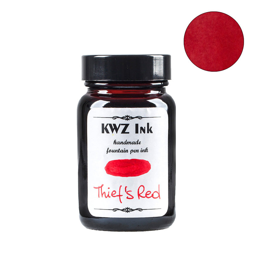 KWZ Ink Thief's Red - 60ml fountain pen ink bottle, showcasing its handcrafted, unique dye-based formula for vibrant, distinctive writing experiences.