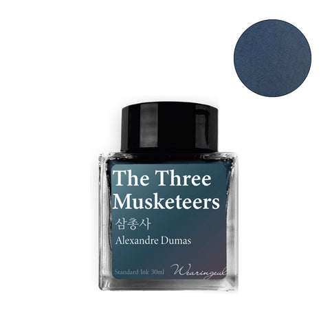Wearingeul The Three Musketeers 30ml fountain pen ink bottle with black cap, featuring a deep slate-blue ink swatch.