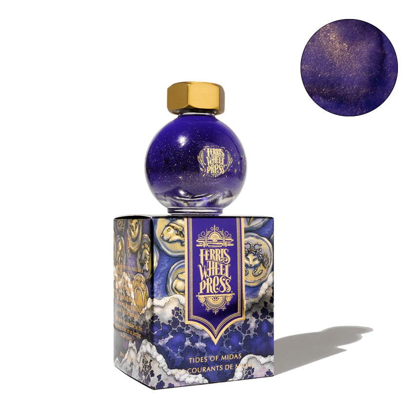 Ferris Wheel Press “Tides of Midas” shimmering fountain-pen ink, 20ml, in a deep-purple glass bottle with gold cap, highlighting gold-sparkle shimmer.