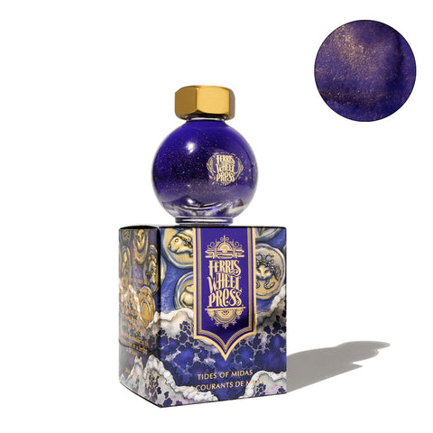Ferris Wheel Press “Tides of Midas” shimmering fountain-pen ink, 20ml, in a deep-purple glass bottle with gold cap, highlighting gold-sparkle shimmer.