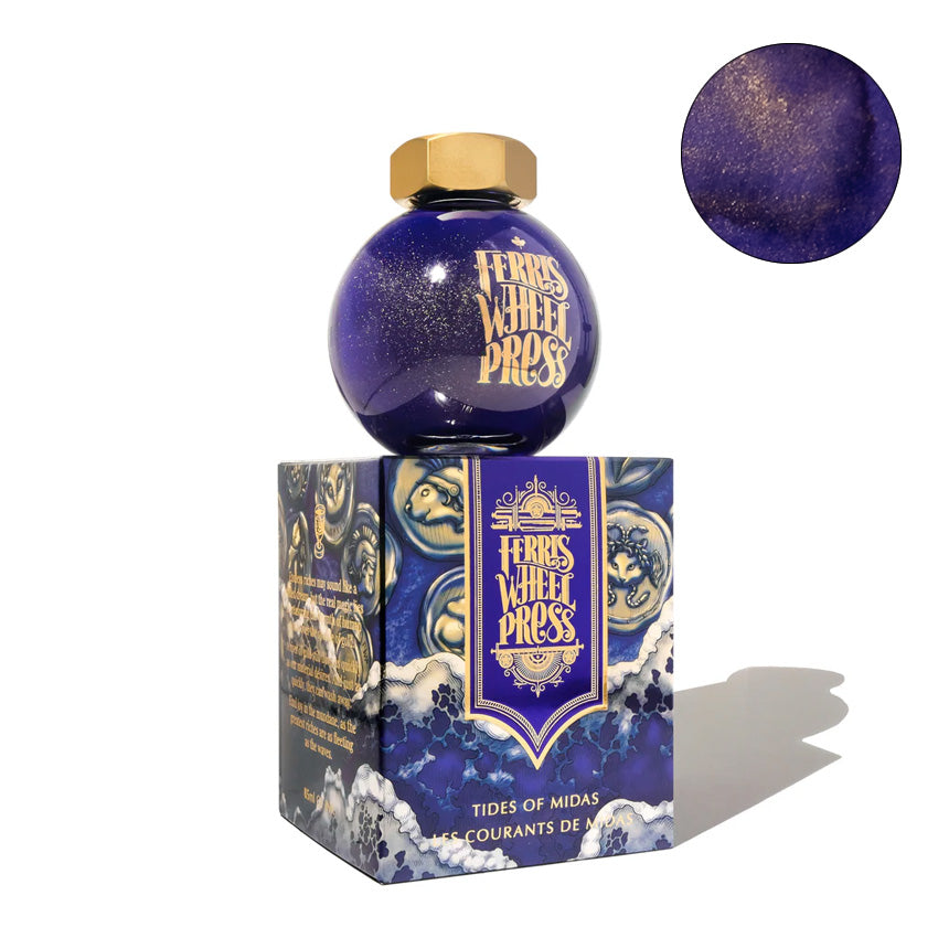 Ferris Wheel Press The King Midas - Tides of Midas fountain pen ink, 85ml, in a signature round glass bottle with gold cap, on matching decorative box.
