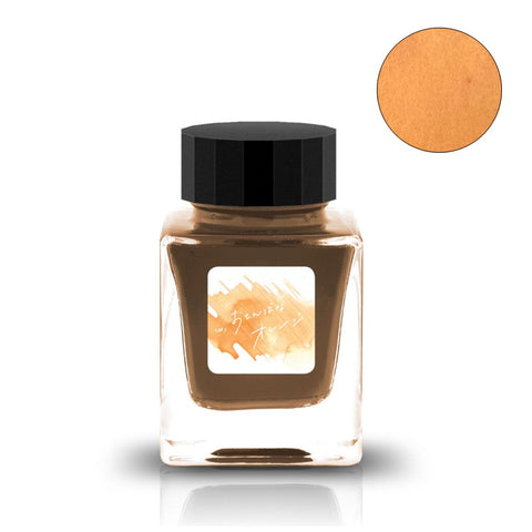 Tono & Lims Tomboy Orange fountain pen ink, 30ml glass bottle, showcases vibrant hue with a black cap, part of the 'Friendship' series from Desk Bandit.