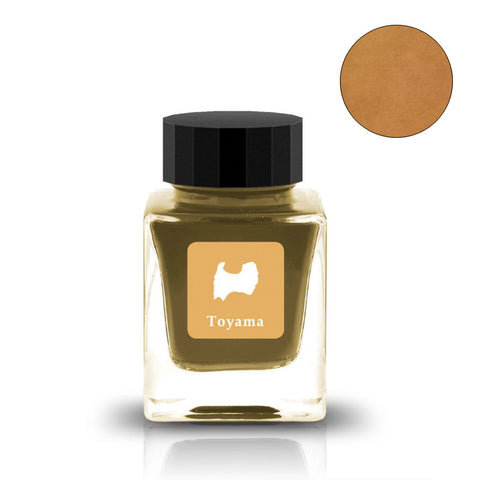 Tono & Lims Toyama (Fame) fountain pen ink in a 30ml square glass bottle with a mustard-brown label featuring Toyama Prefecture's outline.