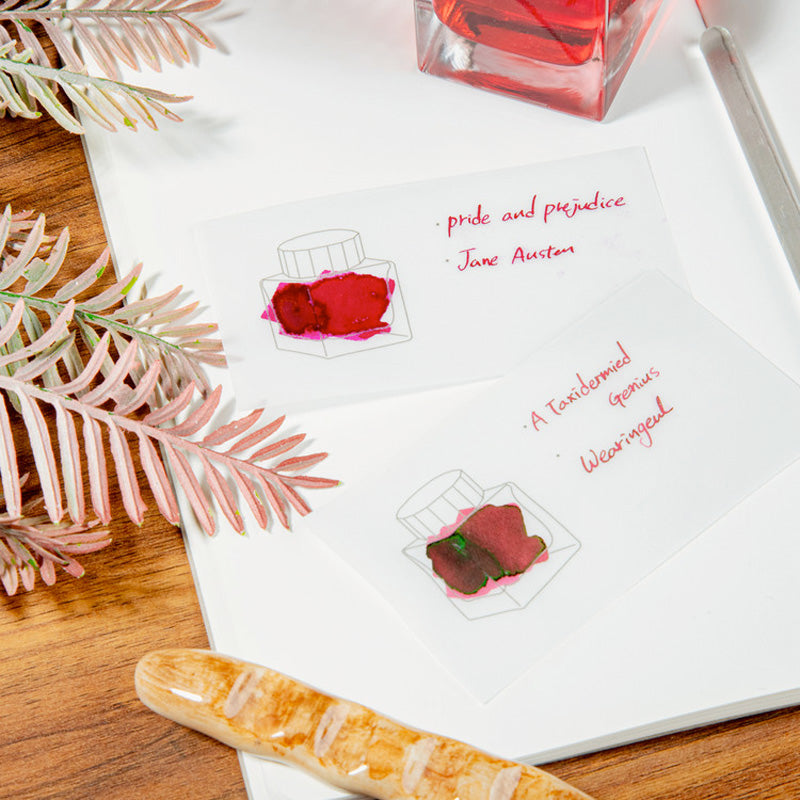 Wearingeul Tracing Ink Swatch Cards (Horizontal) showcasing ink samples labeled pride and prejudice – Jane Austen and A Taxidermied Genius – Wearingeel with ink bottle and pen.