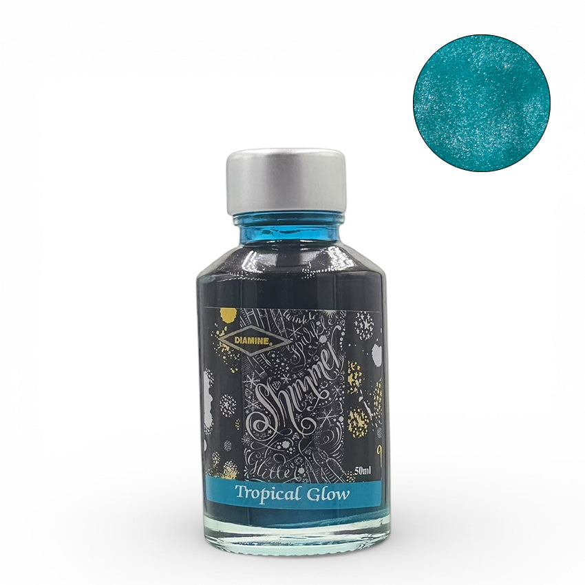 Diamine Tropical Glow (Shimmer) - 50ml fountain pen ink, featuring bright teal-blue with metallic shimmer, ideal for collectors and writing enthusiasts.