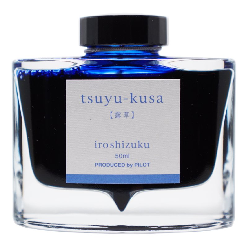 Iroshizuku Ink - Tsuyu Kusa (50ml) in a glass bottle, showcasing Pilot's vibrant blue dye-based fountain-pen ink, measures 8.5 x 3.5 x 8 cm.