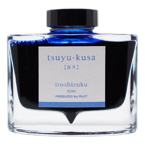 Iroshizuku Ink - Tsuyu Kusa (50ml) in a glass bottle, showcasing Pilot's vibrant blue dye-based fountain-pen ink, measures 8.5 x 3.5 x 8 cm.