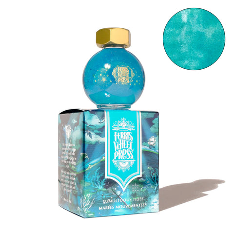 Ferris Wheel Press Once Upon a Time - Tumultuous Tides fountain pen ink, 20ml, in a round glass bottle with gold-tone cap, atop ocean-themed box. Shimmering turquoise shade.