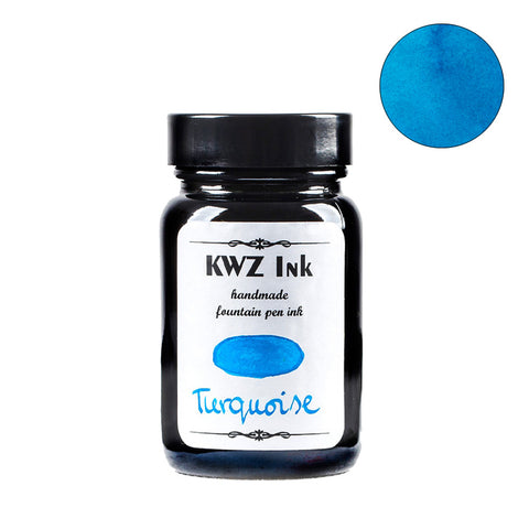 KWZ Ink Turquoise - 60ml glass bottle with a bright turquoise swatch, showcasing handmade dye-based fountain pen ink by Desk Bandit.