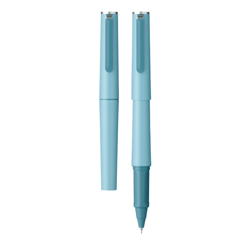 TUZU ADJUST Ballpoint Pen (Light Blue), shown capped and uncapped, featuring a rotatable nib for optimal grip and Pentel ENERGEL refill, ideal for smooth writing.