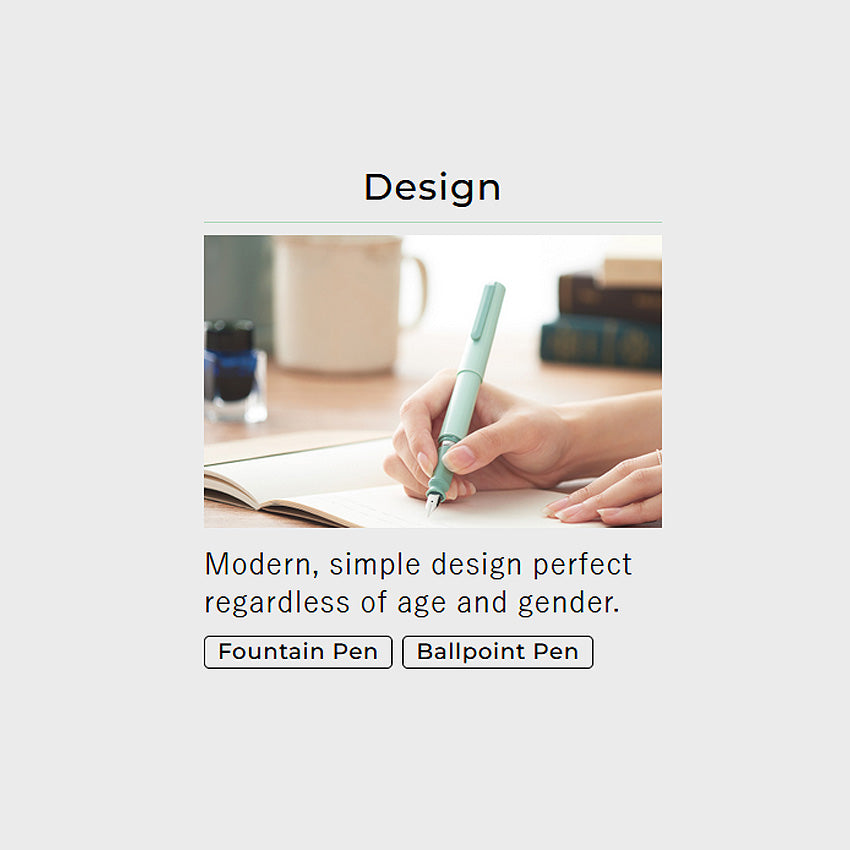 Person using mint-green TUZU ADJUST Ballpoint Pen with rotatable nib for optimal angle, showcasing modern design; options for fountain or ballpoint pen selection.