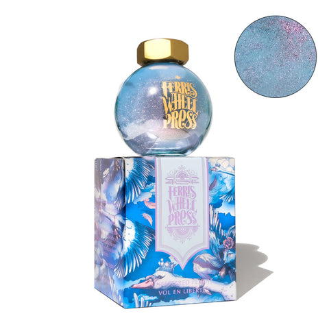 Ferris Wheel Press The Wild Swans - Unfettered Flight 85ml fountain pen ink in a snow-globe bottle, showcasing blue-lavender shimmer, atop its illustrated box.