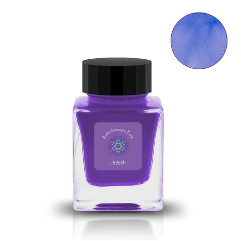Tono & Lims Utage うたげ fountain pen ink, 30ml square glass bottle, deep purple dye-based, with Kaleidoscope Pure label and shade swatch.