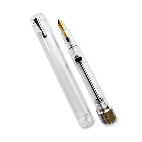Moonman/Majohn V1 (Demonstrator/Silver) - Fine fountain pen, featuring a transparent body with visible ink reservoir and gold-tone nib, alongside its matching cap.
