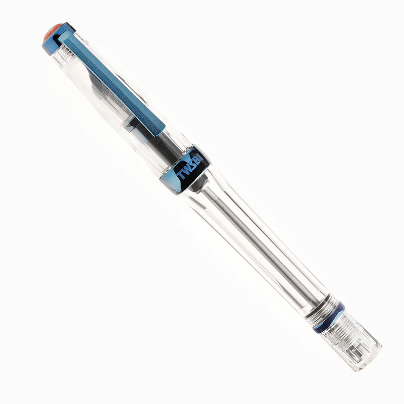 TWSBI VAC 700R (Kyanite) - Extra Fine fountain pen with a clear demonstrator design, showcasing a transparent barrel and cap, featuring a vacuum system and blue trim.