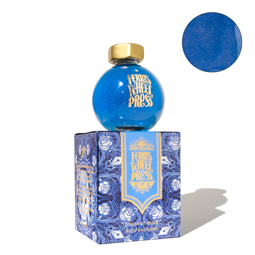 Ferris Wheel Press The Beauty and the Beast - Valiant Blue fountain pen ink, 85ml, in a sphere-shaped glass bottle with gold cap, showcasing vibrant duochrome shimmer.