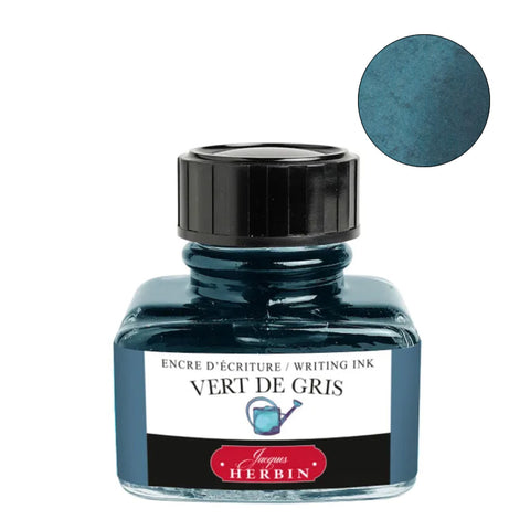 Jacques Herbin Vert de Gris fountain pen ink, 30ml bottle. Label displays Encre d’écriture / Writing Ink with a green-gray color swatch inset.