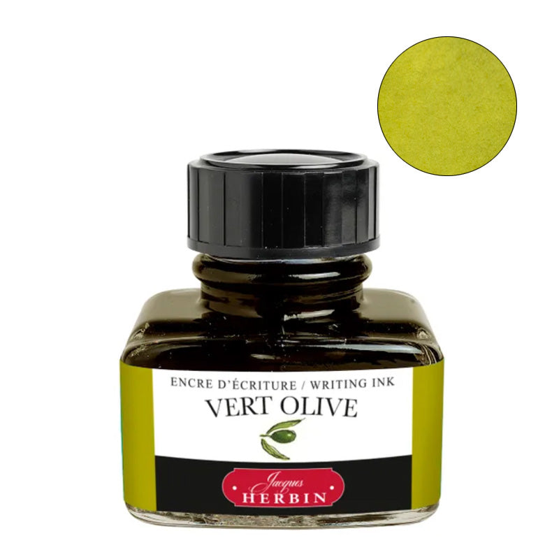 Jacques Herbin Vert Olive fountain pen ink, 30ml glass bottle with black cap, showcasing olive green hue. Perfect for fountain pen enthusiasts seeking premium writing ink.