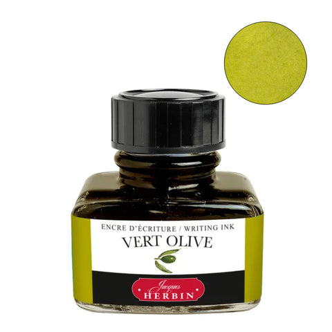 Jacques Herbin Vert Olive fountain pen ink, 30ml glass bottle with black cap, showcasing olive green hue. Perfect for fountain pen enthusiasts seeking premium writing ink.