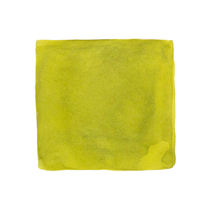 Jacques Herbin Vert Olive fountain pen ink, 30ml. The image shows a yellow-green swatch resembling a watercolor brushstroke, highlighting the ink's vibrant, subtle tonal variations.
