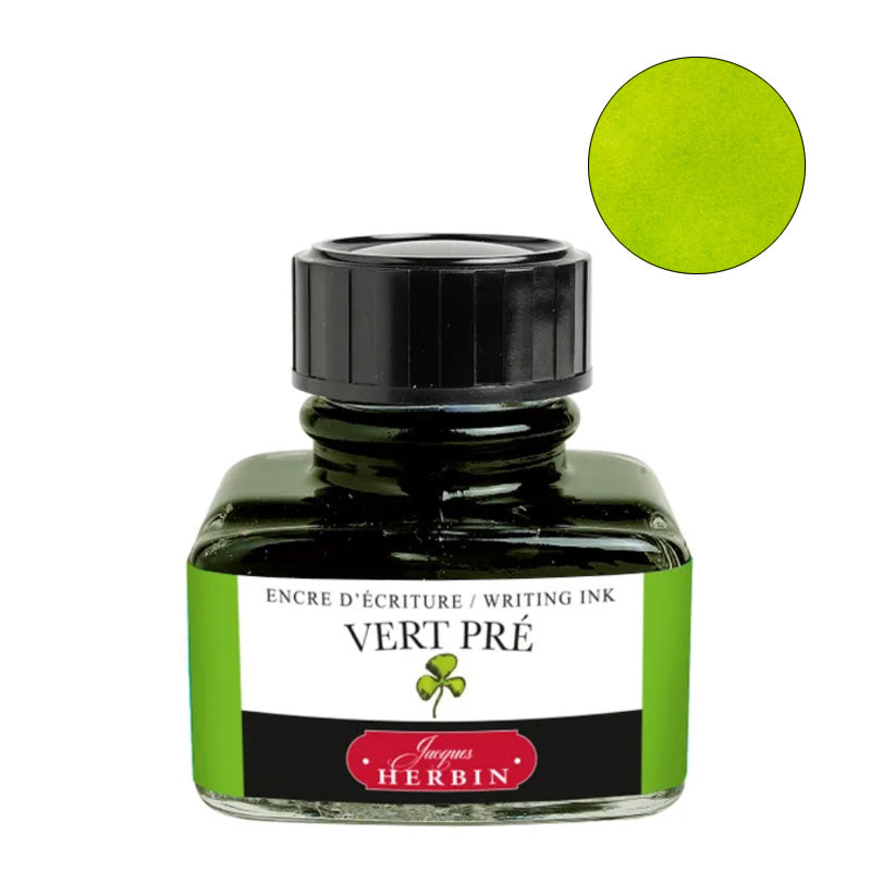 Jacques Herbin Vert Pre - 30ml fountain pen ink, showcasing a vibrant meadow green hue, ideal for those seeking premium writing supplies from Desk Bandit.