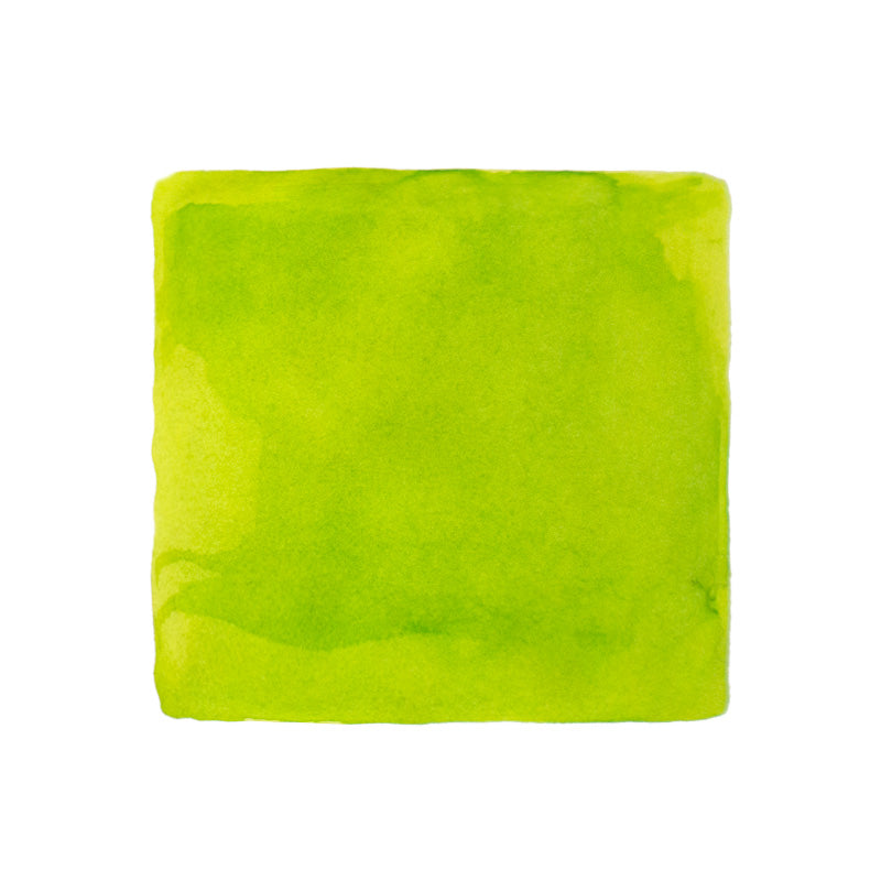 Jacques Herbin Vert Pre - 30ml fountain pen ink swatch, showcasing bright lime-green watercolor wash with subtle tonal variations and soft edges on a white background.
