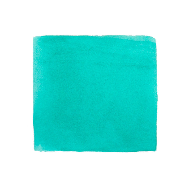 Jacques Herbin Vert Reseda fountain pen ink, 30ml, showcased as a turquoise watercolor swatch on a white background, exemplifying premium dye-based ink quality.