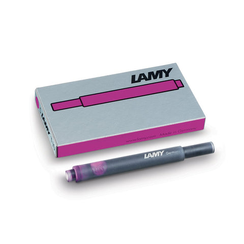 Vibrant Pink T10 Refill Pack (Limited Edition) with five LAMY ink cartridges, featuring one loose cartridge in front of the box.