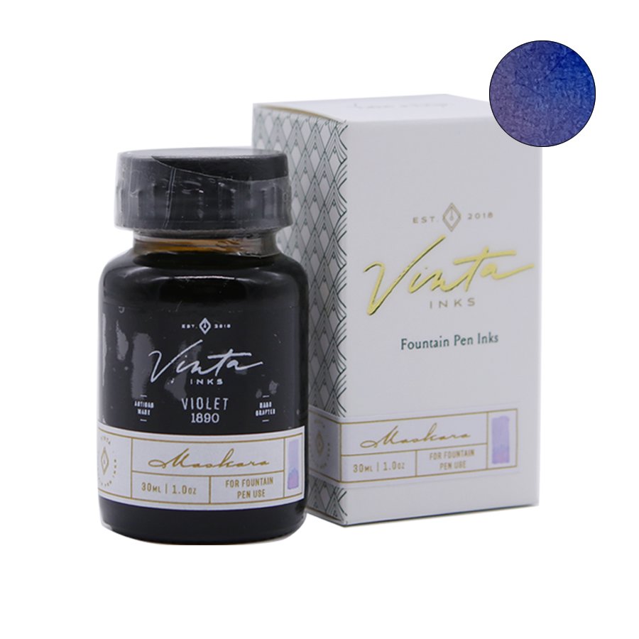 Violet (Maskara 1890) - 2ml bottle of Vinta Inks with matching box, featuring a bluish-purple ink swatch in the corner.