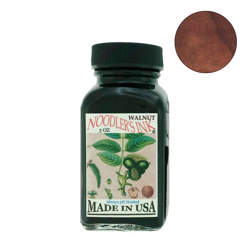 Noodler's Ink 3oz Walnut fountain pen ink in a square glass bottle with black cap, showcasing its warm brown hue.