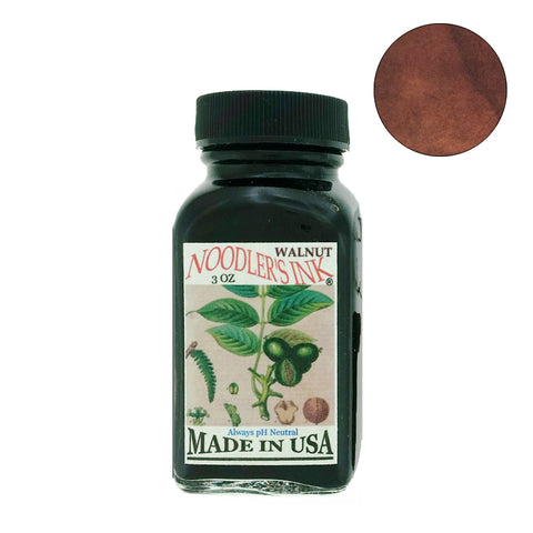 Noodler's Ink 3oz Walnut fountain pen ink in a square glass bottle with black cap, showcasing its warm brown hue.