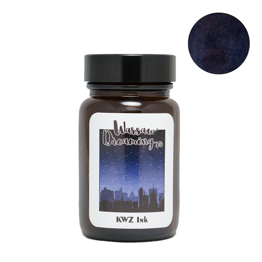 KWZ Warsaw Dreaming fountain pen ink in a 60ml glass jar, featuring a starry-night cityscape label and a deep blue ink swatch.