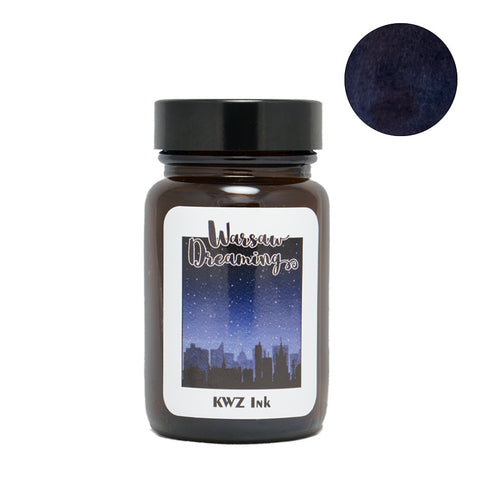 KWZ Warsaw Dreaming fountain pen ink in a 60ml glass jar, featuring a starry-night cityscape label and a deep blue ink swatch.