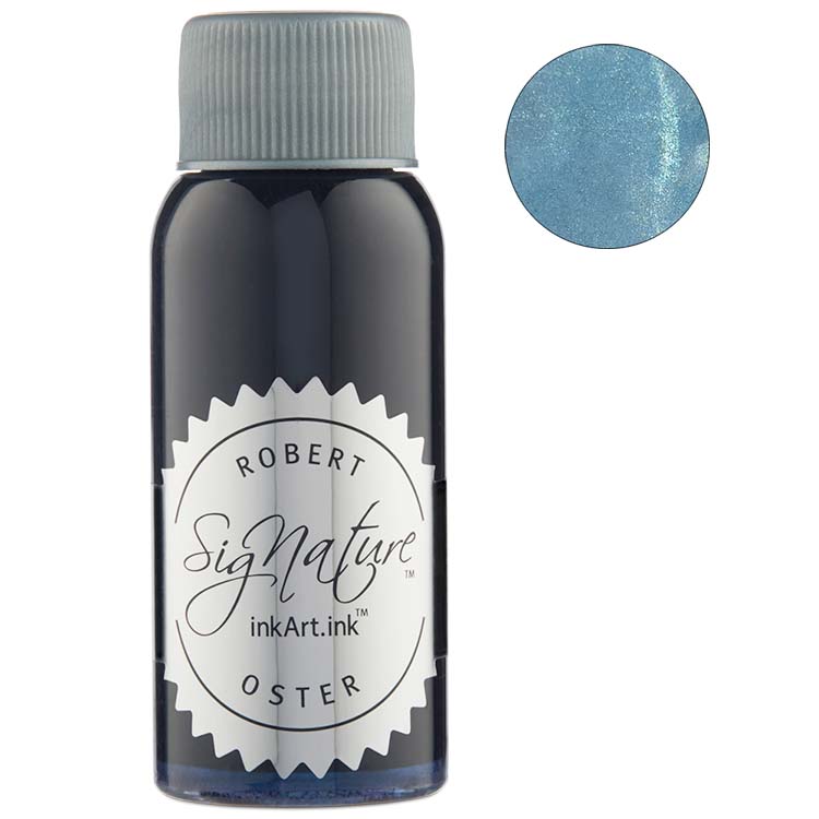 Robert Oster Water (Shake 'N' Shimmy) - 50ml shimmery blue fountain pen ink, handmade in Australia, showcased with an ink swatch displaying vibrant color and shimmer.