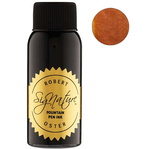 Robert Oster Whiskey fountain pen ink, 50ml bottle with gold label, shown with a swatch of its warm, rusty-orange shade, highlighting sustainable and vibrant Australian craftsmanship.