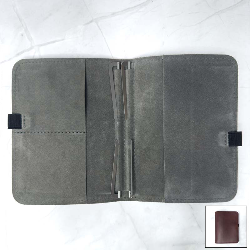 Taschenbegleiter WK_12 - Dark Brown/Grey (S) by Roterfaden, an empty leather pad-folio with suede lining, card slots, and metal clamp for organizing papers.