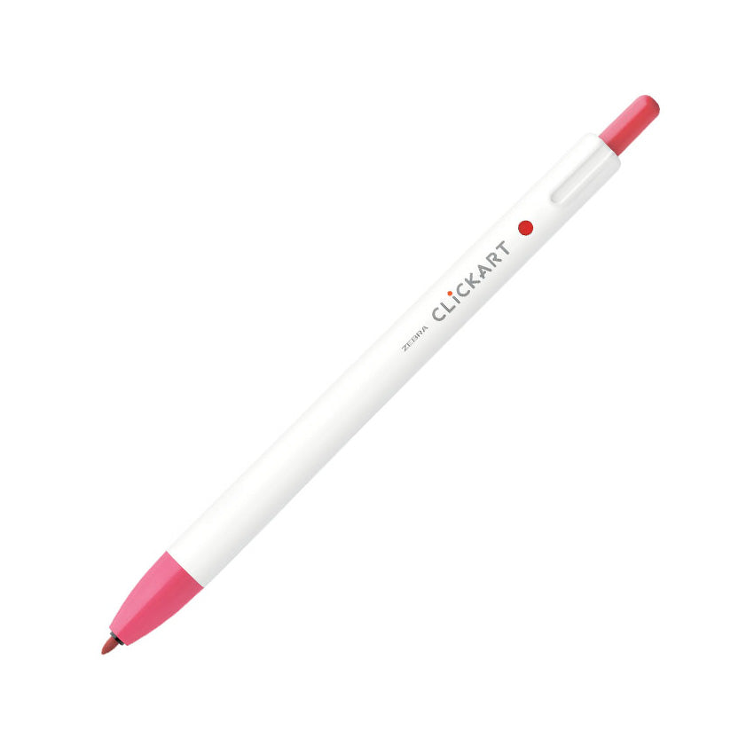 Zebra CLiCKART Retractable Marker - Baby Red, featuring a white barrel with pink accents, capless design, felt tip, ideal for creative writing and drawing.