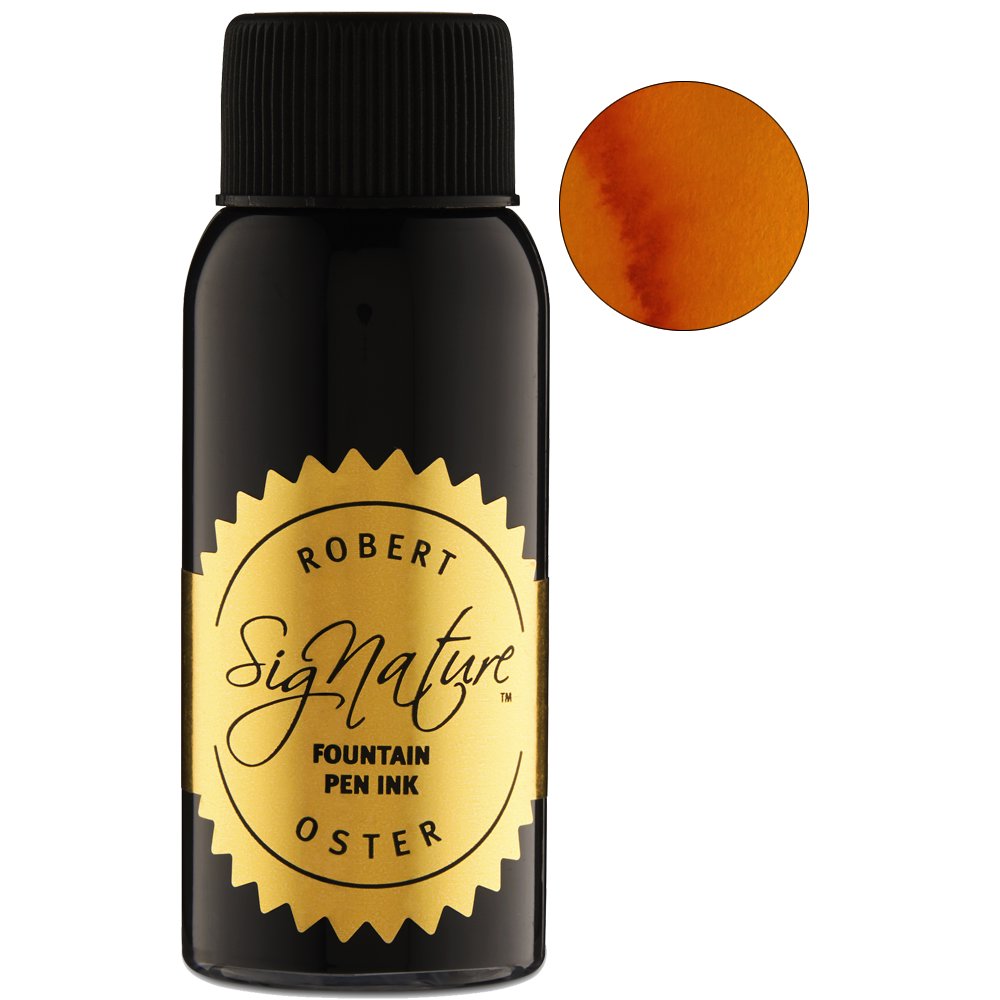 Robert Oster Signature Ink Yellow Sunset - 50ml bottle with gold-foil label, showcasing handmade, sustainable, non-toxic fountain pen ink for smooth writing and vibrant color expression.