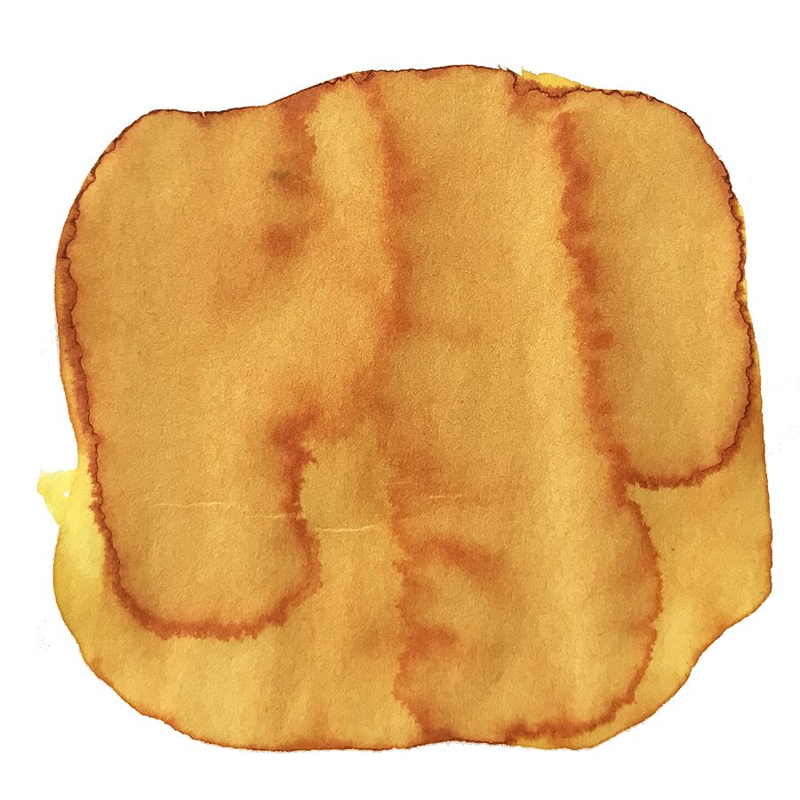 Yellow Sunset - 2ml ink sample showing a yellow-orange abstract blot on white, resembling a watercolor stain, highlighting its vibrant, free-form dye-based nature.