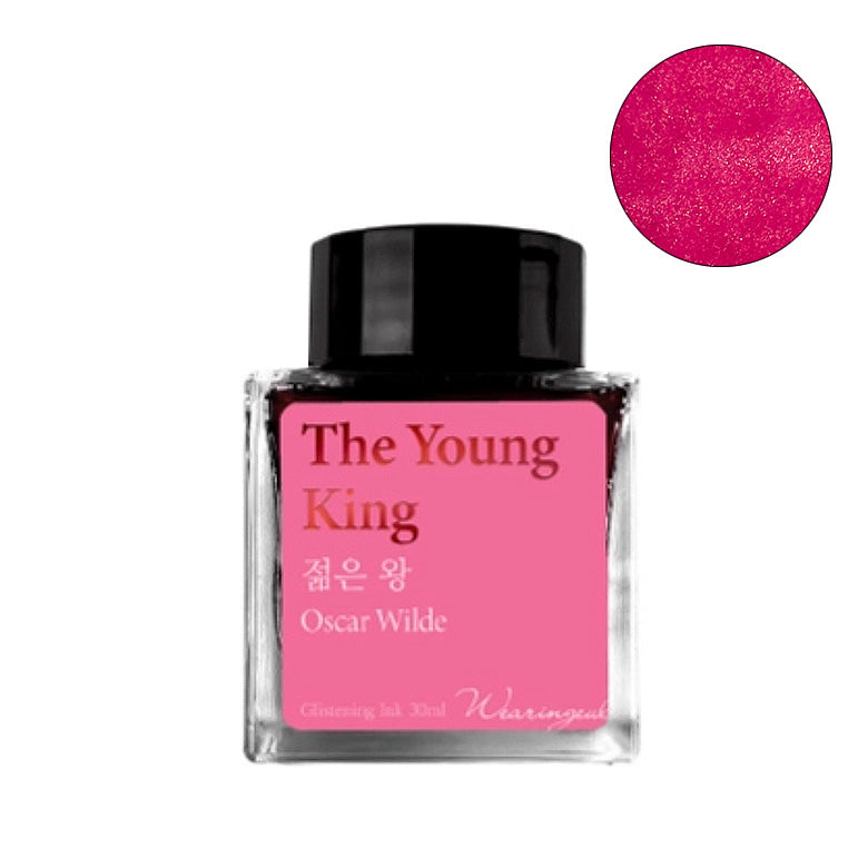 Wearingeul The Young King (Shimmer) fountain pen ink, 30ml bottle, showcasing bright fuchsia/pink shade, in square glass with black cap, inspired by Oscar Wilde.