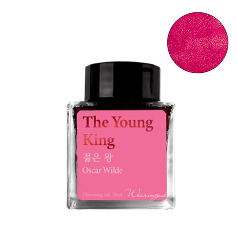 Wearingeul The Young King (Shimmer) fountain pen ink, 30ml bottle, showcasing bright fuchsia/pink shade, in square glass with black cap, inspired by Oscar Wilde.
